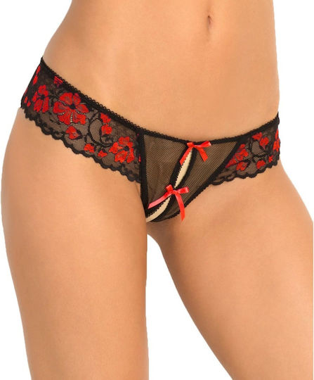 Rene Rofe Crotchless Lace Thong with Bows Женски Секси Прашка с отворена пикантност Red Black