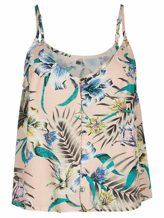 Damen Sommer Bluse mit Trägern & V-Ausschnitt Blumen Beige