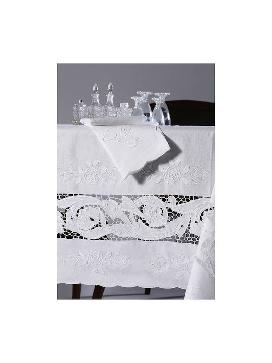 Silk Fashion Tablecloth Linen with Embroidery Set 7pcs 9895 Ecru