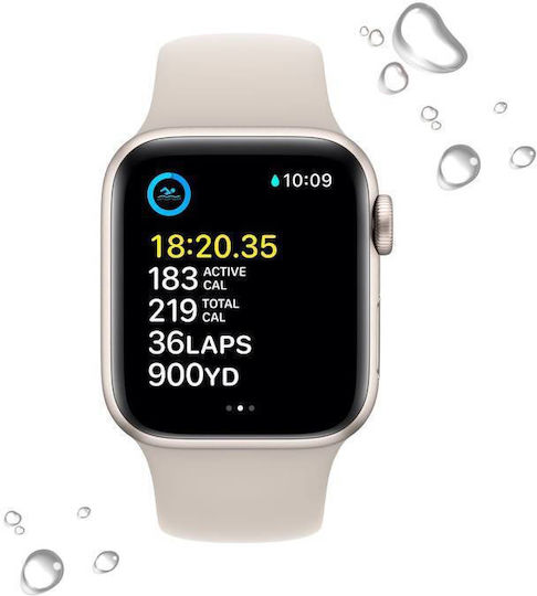 Apple Watch SE 2022 Aluminium 44mm Waterproof with Heart Rate Monitor (Starlight with Starlight Sport Band)
