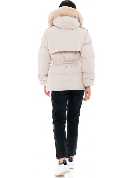 Women's Short Puffer Jacket for Winter with Hood Beige