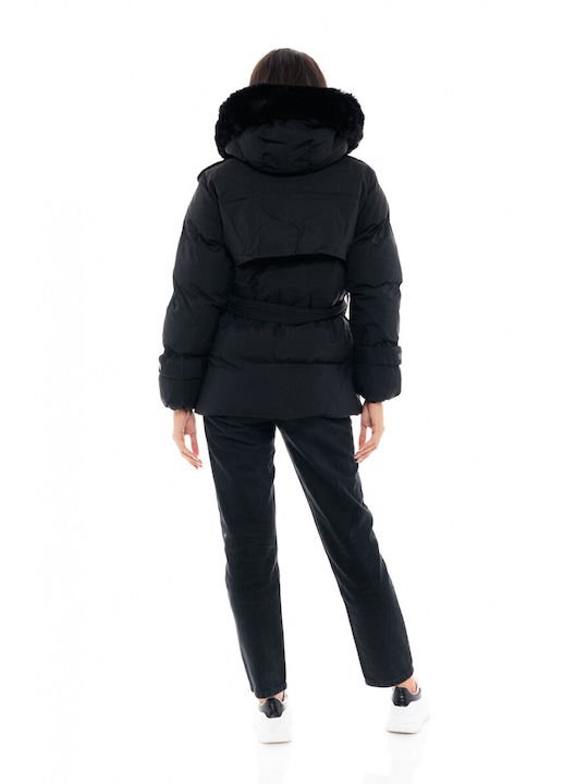 Splendid Kurz Damen Puffer Jacke mit pelziger Kapuze für Winter Schwarz