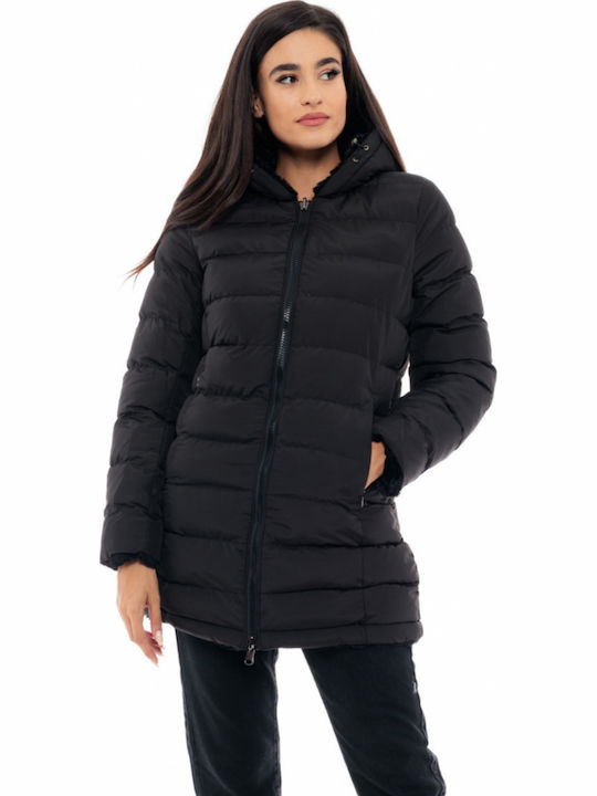 Women's Long Puffer Jacket Double Sided for Winter with Hood Black