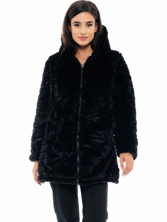 Women's Long Puffer Jacket Double Sided for Winter with Hood Black