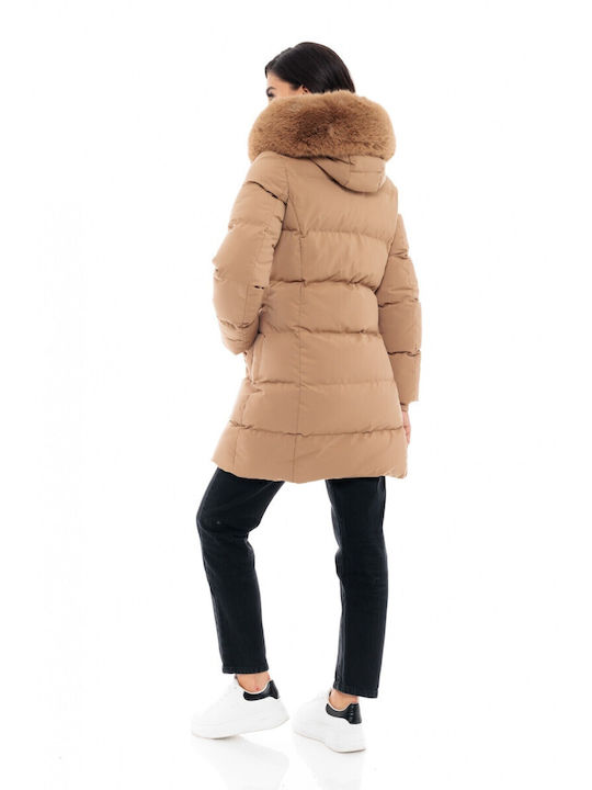 Biston Lang Damen Puffer Jacke mit pelziger Kapuze für Winter Camel