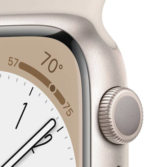 Apple Watch Series 8 Aluminium 45mm Waterproof with Heart Rate Monitor (Starlight with Starlight Sport Band)