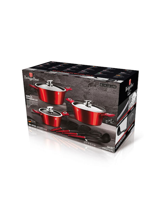 Berlinger Haus Metallic Line Pots Set from Aluminum Burgundy Collection with Stone Interior Coating 3 Pieces