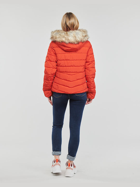 Only Women's Short Puffer Jacket for Winter with Hood Red Alert