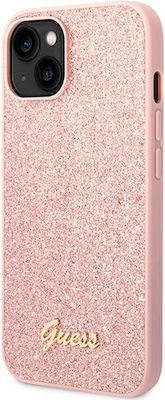 Guess Glitter Flakes Script Metal Logo Umschlag Rückseite Silikon Rosa (iPhone 14) GUHCP14SHGGSHP