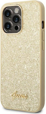 Guess Glitter Flakes Script Metal Logo Silicone Back Cover Gold (iPhone 14 Pro Max)