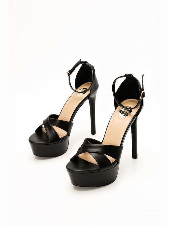 Luigi Platform Women's Sandals with Ankle Strap Black with Thin High Heel