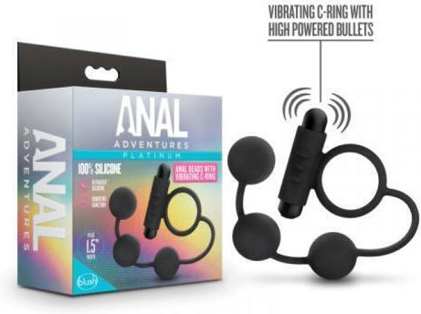 Blush Anal Adventures Platinum Anal Beads with Vibrating Cockring Δονούμενο Δαχτυλίδι Πέους Σιλικόνης Μαύρο BL-01905