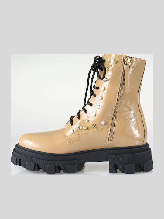 Women's Patent Leather Ankle Boots with Medium Heel Beige