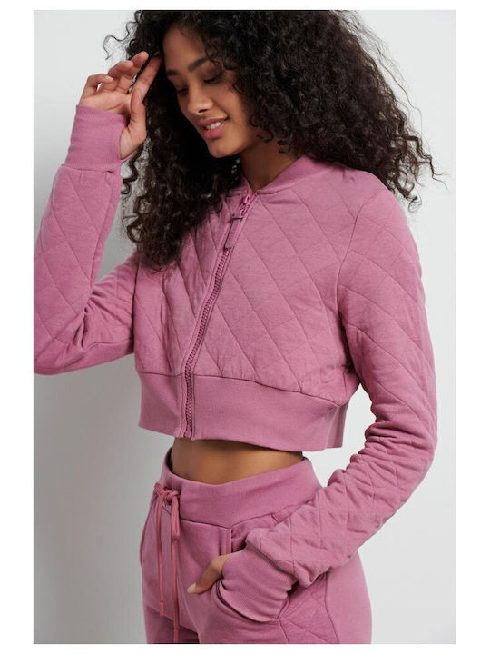 Kurzgeschnitten Damen Sweatshirtjacke Rosa