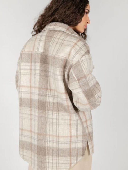 24 Colours Women's Checked Midi Overshirt with Buttons Beige