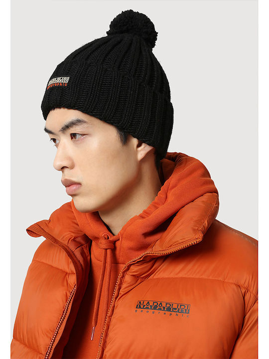 Fea 2 Pom Pom Beanie Beanie with Rib Knit in Black color