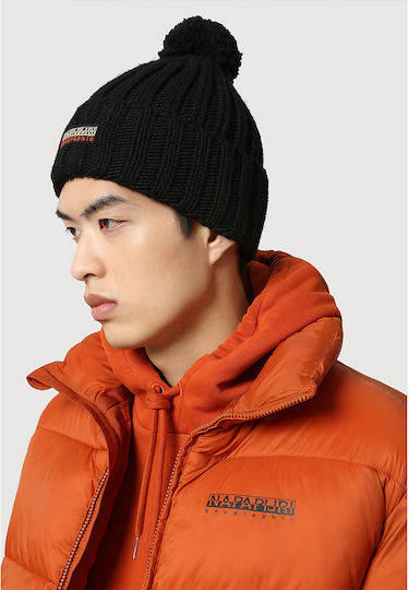 Fea 2 Pom Pom Beanie Beanie with Rib Knit in Black color