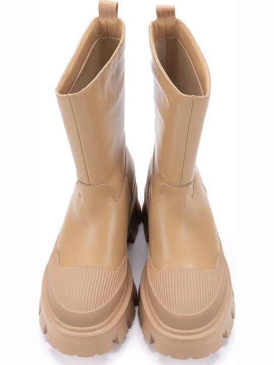Vera Leather Women's Ankle Boots with Medium Heel Beige