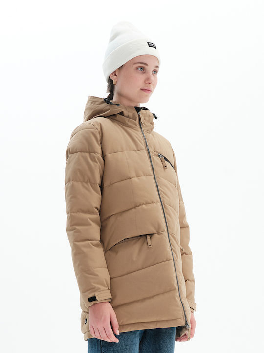 Women's Long Puffer Jacket for Winter with Hood Beige