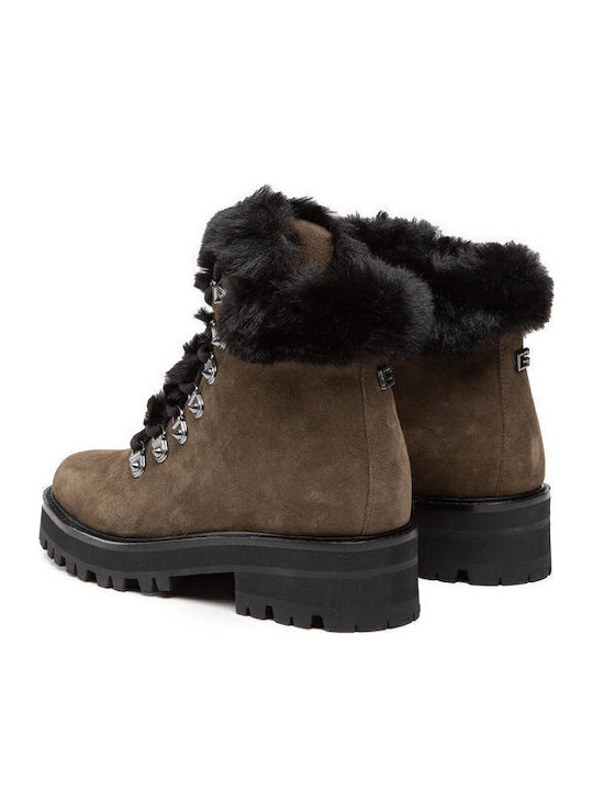 Suede Women's Ankle Boots with Fur Khaki
