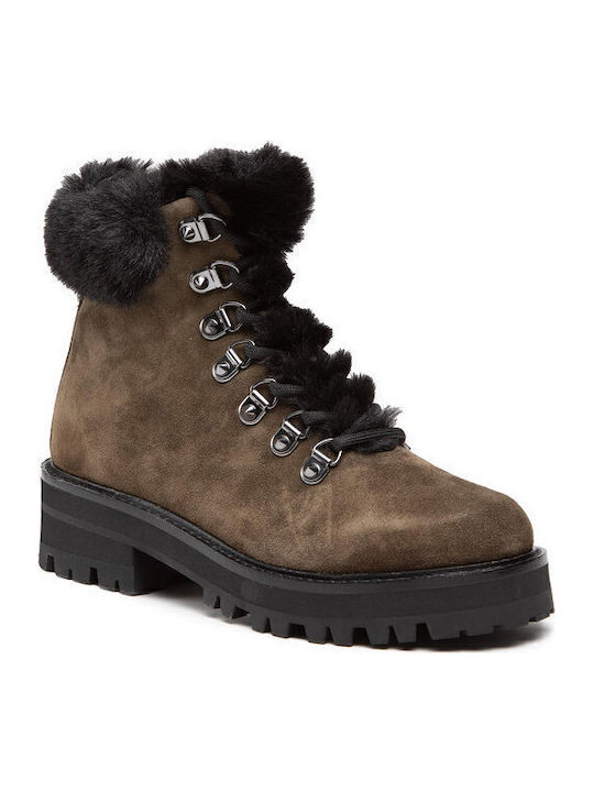 Suede Women's Ankle Boots with Fur Khaki