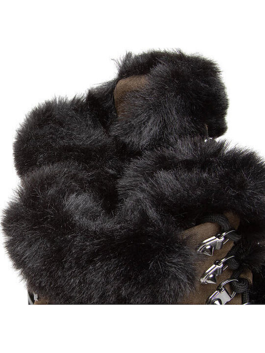 Suede Women's Ankle Boots with Fur Khaki