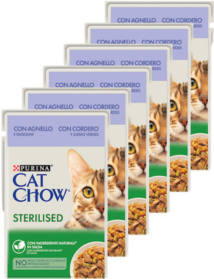 Purina Cat Chow Sterilised Храна за мокри котешки хранилки за възрастни кастрирани котки с Чантичка с Агнешко & Боб в сос 85гр 6бр