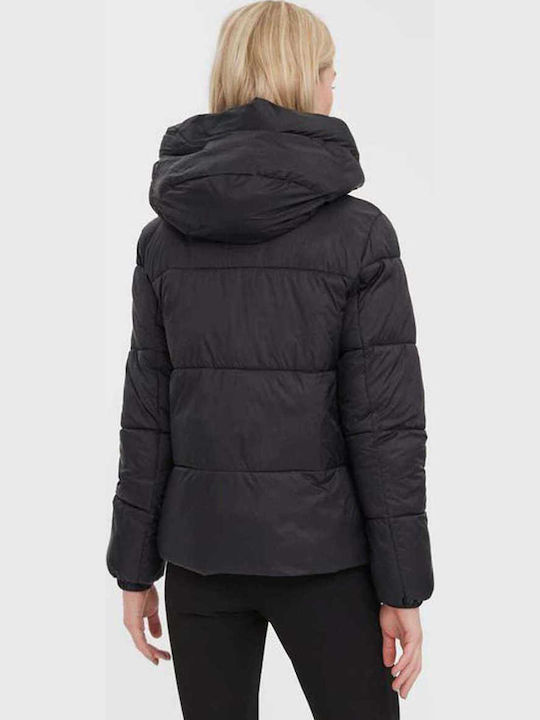 Women's Short Puffer Jacket for Winter with Hood Black