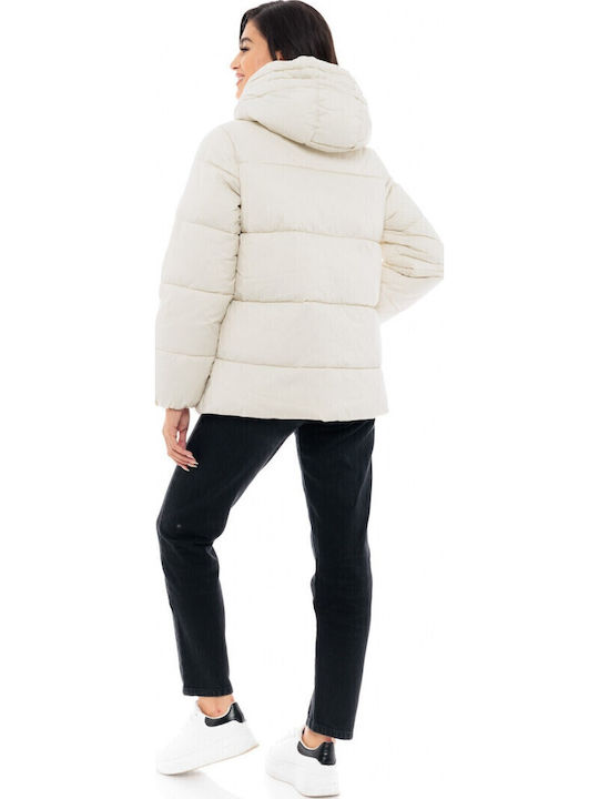 Women's Short Puffer Jacket for Winter with Hood Light Beige