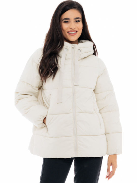 Women's Short Puffer Jacket for Winter with Hood Light Beige