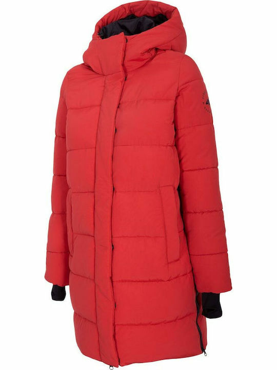 4F Women's Long Puffer Jacket for Winter with Hood Red