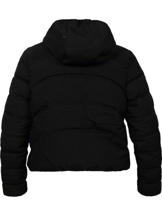 Women's Short Puffer Jacket Waterproof and Windproof for Winter with Hood Black