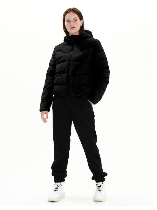 Women's Short Puffer Jacket Waterproof and Windproof for Winter with Hood Black
