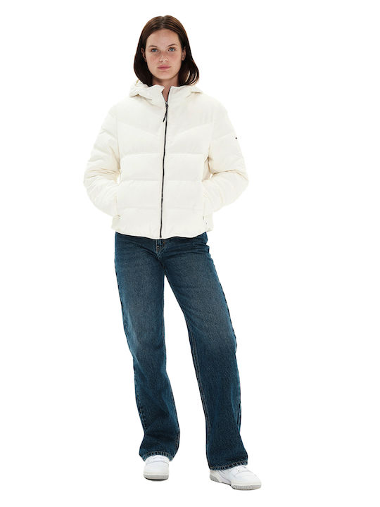 Women's Short Puffer Jacket Waterproof and Windproof for Winter with Hood White