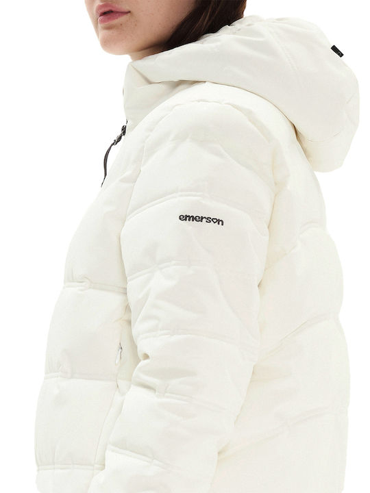 Women's Short Puffer Jacket Waterproof and Windproof for Winter with Hood White
