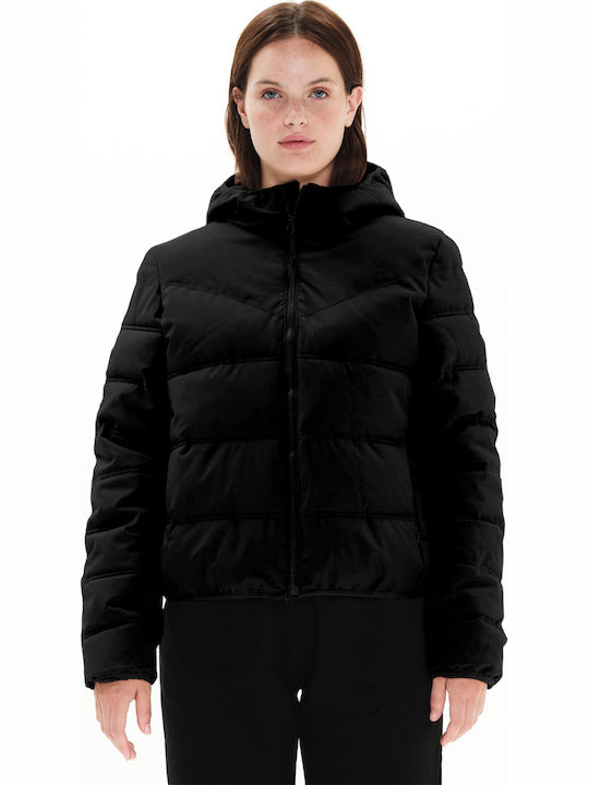 Women's Short Puffer Jacket Waterproof and Windproof for Winter with Hood Black