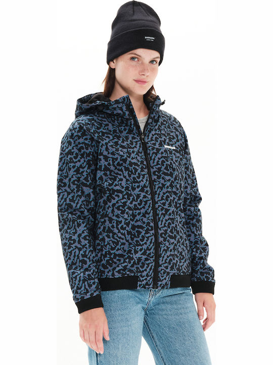 Women's Short Sports Jacket Waterproof and Windproof for Winter with Hood Blue