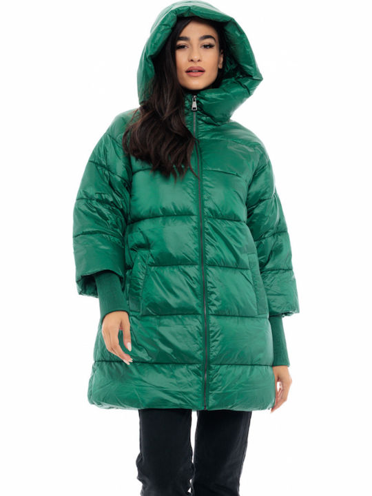 Women's Long Puffer Jacket for Winter with Hood Green