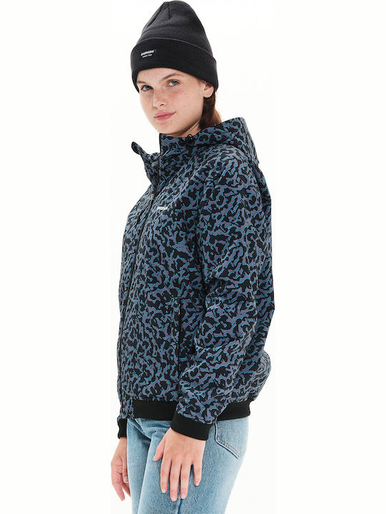 Women's Short Sports Jacket Waterproof and Windproof for Winter with Hood Blue