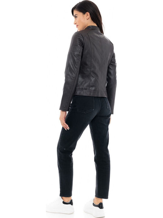 Women's Short Biker Artificial Leather Jacket for Winter Brown