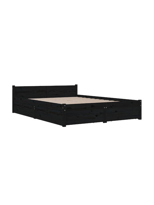 Κρεβάτι Διπλό από Μασίφ Ξύλο Μαύρο με Συρτάρια & Τάβλες 140x190cm