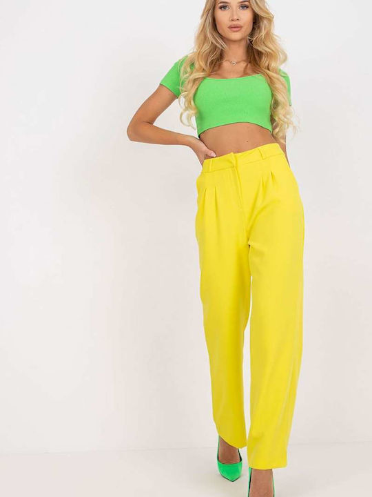 Rue Paris Women's High-waisted Fabric Trousers Yellow