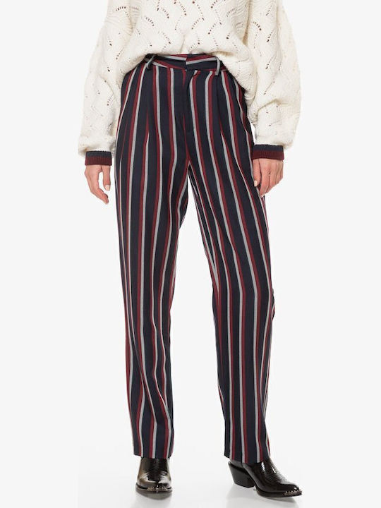 Fiorel Women's Fabric Trousers Straight Line Striped Blue