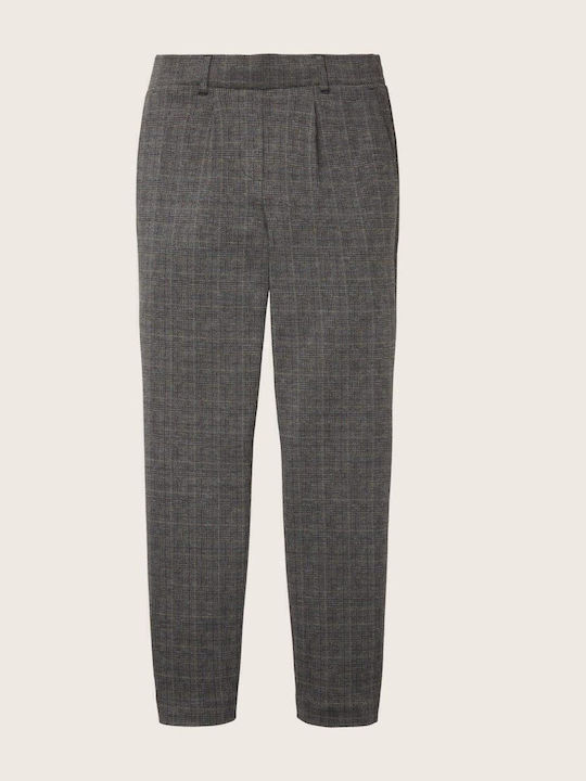 Women's High-waisted Fabric Capri Trousers Loose Fit Checked Gray