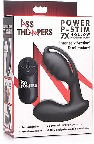 XR AT Power P-Stim 7X Hollow Prostate Plug for Electro-stimulation in Black Color