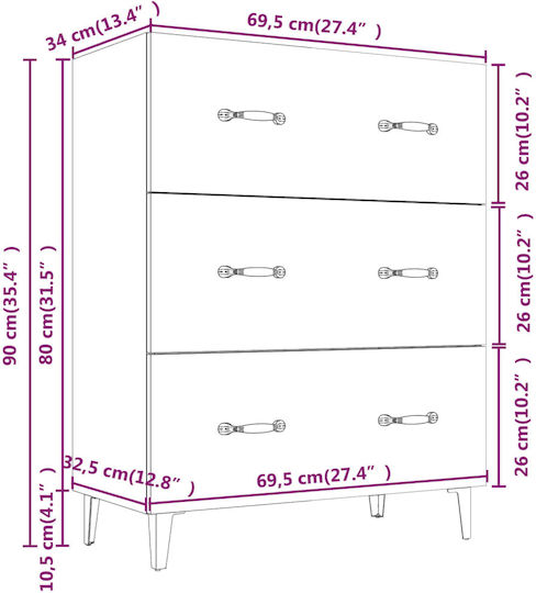 Wooden Chest of Drawers with 3 Drawers Smoked Oak 69.5x34x90cm