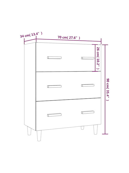 Wooden Chest of Drawers with 3 Drawers Gray 70x34x90cm
