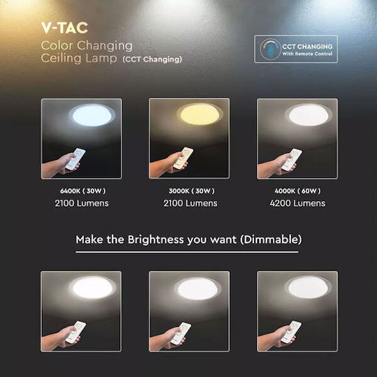 V-TAC Ceiling Light Fixture Round Outdoor LED Panel 60W with Warm White Light 3000K 51cm