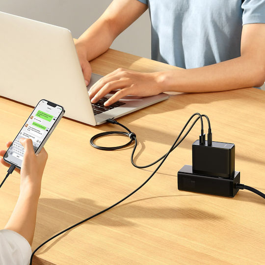 Baseus Încărcător GaN cu Port USB-A și Port USB-C și Cablu USB-C 100W Livrarea energiei / Quick Charge 4+ Negruς (Gan5)