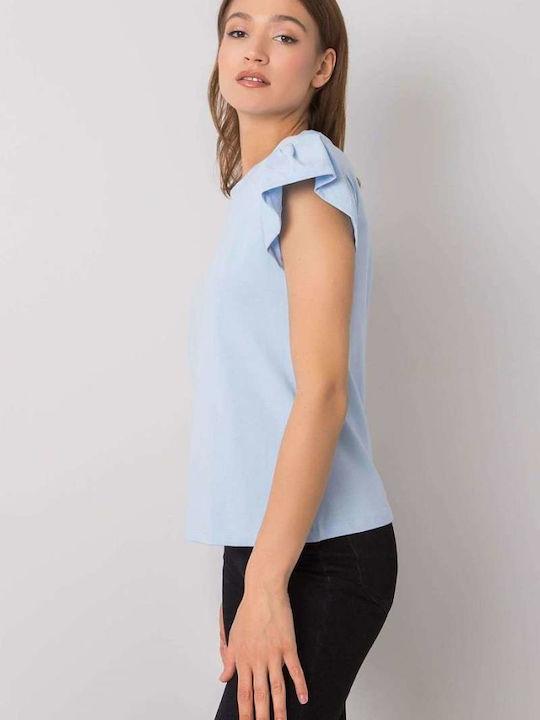 Rue Paris Women's Blouse Cotton Short Sleeve Light Blue